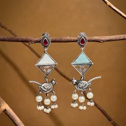 NAMAN ARTS Silver Plated Stones Studded & Beaded Oxidised Contemporary Drop Earrings-image-68