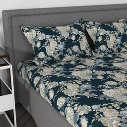 Myntra Elegant Homes Navy Blue & Cream-Coloured Floral 144 TC King Bedsheet with 2 Pillow Covers-8