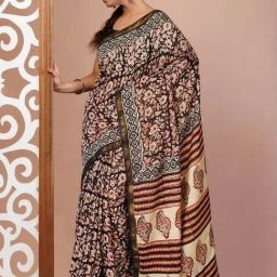 Unnati Silks Black Cotton Silk Bagru Saree with Unstitched Blouse-picture-27