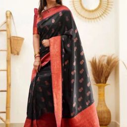 Satrani Black & Orange Silk Woven Saree With Unstitched Blouse-image-43
