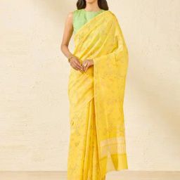 Taneira Yellow Printed Saree With Unstiched Blouse-image-22