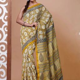 Unnati Silks Yellow Cotton Silk Bagru Saree with Unstitched Blouse-picture-33