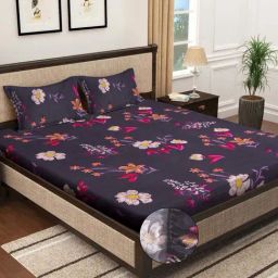 Klotthe Purple 300 TC Polycotton Double Elastic Bedsheet with 2 Pillow Covers-image-3