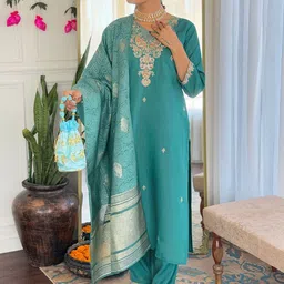 KALINI Women Bandhani Embroidered Regular Thread Work Chanderi Silk Kurta with Trousers & With Dupatta-17
