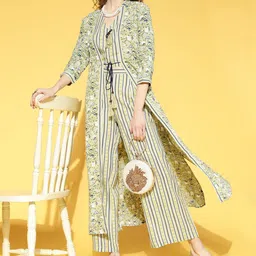 kipek Women Green & Navy Blue Geometric Printed Fusion Kurta Set With a Jacket-picture-14