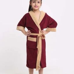 Creeva Melodious Wine & Camel Micro Terry 225 GSM Kids Hooded Bathrobe 10-11 Years With Pocket-image-94