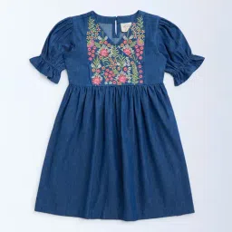 Utsa Kids by Westside Dark Blue Floral Embroidered Denim A-Line Dress-picture-30