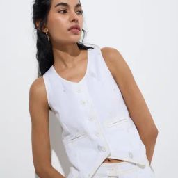 Bombay Paisley by Westside White Cotton-Blend Waistcoat Style Top-image-86