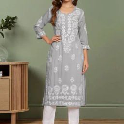 PARAMOUNT CHIKAN Ash Grey Hand Embroidered Chikankari Straight Kurta-picture-42