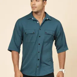 Rigo Men Teal Polycorduroy Oversized Utility Shirt-image-61