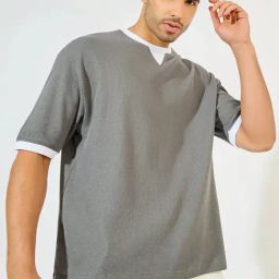 Styli Grey Cotton Oversized Texture T-Shirt-image-59