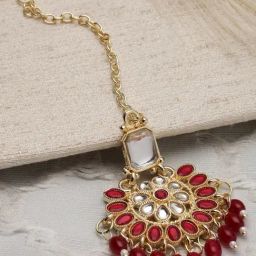 Zeneme Gold Plated Kundan Studded Drop Pearls Maang Tikka-image-21