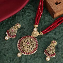 Panash Gold Plated & Red Kundan Studded Beaded Handcrafted Jewellery Set-14