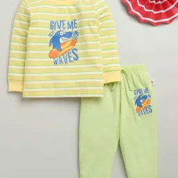 Bumzee Boys Yellow & Lime Green Cotton Striped T-Shirt with Pyjama-image-39