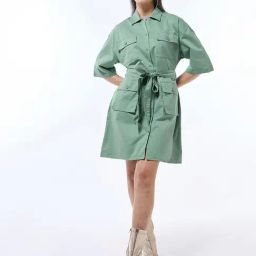Bewakoof Green Oversized Solid Mini Dress with belt-image-40