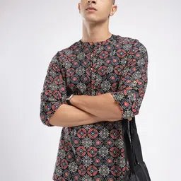 Anouk Rustic Band Collar Ethnic Motifs Printed Roll-Up Sleeves Kurta-3