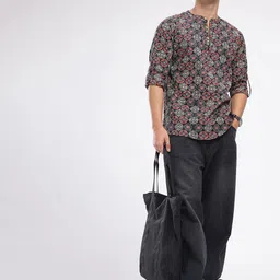 Anouk Rustic Band Collar Ethnic Motifs Printed Roll-Up Sleeves Kurta image 2