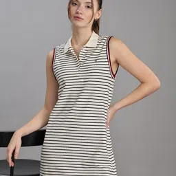 Tommy Hilfiger Monochrome Striped Polo Collar T-Shirt Dress-image-77
