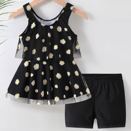 Babyhug Sleeveless Frock Swimsuit with Shorts Floral Print - Black-image-56
