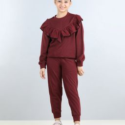 Aww Hunnie Full Sleeves Frill Detailed Solid Autumn Winter Wear Sweatshirt With Side Pockets Lower - Maroon-picture-48