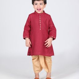 Babyhug Woven Swiss Dot Dobby Full Sleeves Kurta  Dhoti Set - Red-image-94