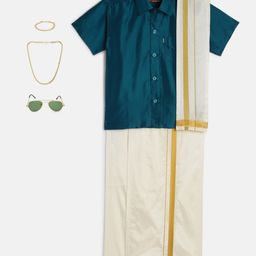THANGAMAGAN Viscose Half Sleeves SolidShirt With Mundu & Angavastram With Freebies Set - Teal-image-124