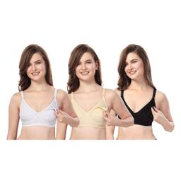 Fabme Pure Cotton Pack Of 3 Sleeveless Solid Full Coverage Non Padded Bras - Skin White & Black-image-2