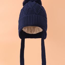 Pine Kids Woollen Cap With Knot With Cable Knit Design & Pom Pom Applique Navy Blue - Diameter 17 cm-picture-2