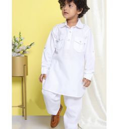 AJ Dezines Full Sleeves Solid Cotton Blend Kurta Pyjama Set - White-image-3