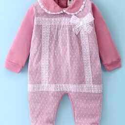 ToffyHouse 100% Cotton Knit Full Sleeves Footed Peter Pan Collared Romper with Bow Applique - Mauve-image-1
