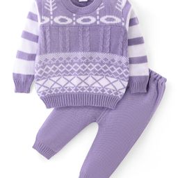 Babyhug Knitted Full Sleeves Pullover Sweater & Pant Set With Cable Knit & Chevron Design - Lilac-image-48