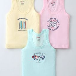 Revvo Junior Cotton Knit Sleeveless Set of Vests Skaters Print Pack of 3 -Blue Yellow & Pink-image-45