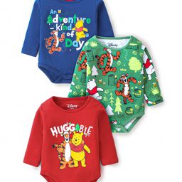 Babyhug Disney Cotton Knit Full Sleeves Winne The Pooh Graphics Onesies Pack of 3 - Red Green & Blue-image-84