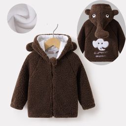 Kookie Kids Full Raglan Sleeves Solid Color Hooded Fur Jacket with Elephant Applique -Brown-image-31