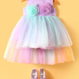 Bluebell Net Woven Sleeveless Party Frock With Floral Corsage & Booties - Purple-picture-2