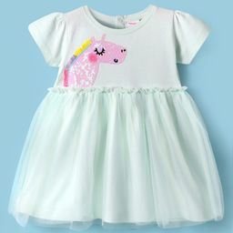 Babyhug Cotton Knit Half Sleeves Frock with Unicorn Sequin Detailing - Light Blue-image-5
