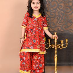Superminis Cotton Half Sleeves Lace Embellished Floral Printed Kurta With Coordinating Sharara Set - Red-image-35