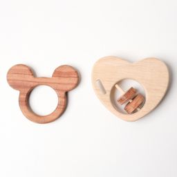 Wooden Handmade Sensory Stimulating -  Mickey Mouse Teether & Heart Rattle For Born Babies (2 Piece)-3