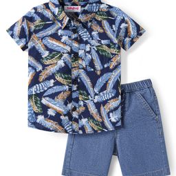 Babyhug Cotton Woven Half Sleeves Feather Printed Shirt & Solid Denim Shorts Set - Navy Blue-image-67
