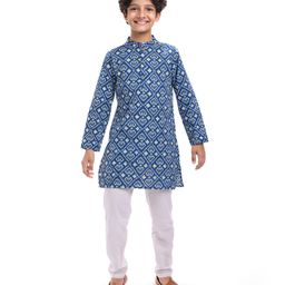 Pine Kids Cotton Woven Full Sleeves Kurta & Pyjama Set with Floral Print - Navy Blue-image-75