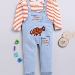 TOONYPORT Cotton Blend Sleeveless Dinosaur Embroidered Dungaree With Full Sleeves Striped Tee Set - Orange-image-38