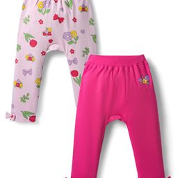 Babyoye 100% Cotton Interlock Knit Full Length Diaper Leggings With Floral Print & Bow Applique Pack Of 2 - Pink & Lavender-picture-14