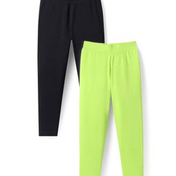 Pine Kids Cotton Lycra Knit Full Length Solid Leggings Pack of 2 - Black & Limegreen-image-70