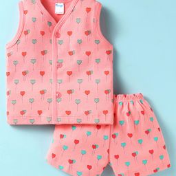 Tango Interlock Sleeveless Front Open Shorts Night Suit with Hearts Print - Coral-image-88