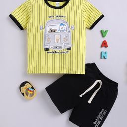Little Ninja Cotton Half Sleeves Striped & Van Printed Tee With Shorts Set - Yellow-image-46