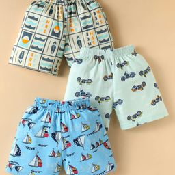CUCUMBER Sinker Knit Above Knee Length Shorts With Boat & Bike Print Pack Of 3 - Light Blue Cream Sea Green-image-68
