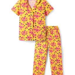 Pine Kids Single Jersey Knit Half Sleeves Co-Ord Night Suit With Floral Print - Gold-picture-11