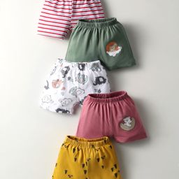 OHMS Single Jersey Knit Knee Length Shorts with Animal Print & Stripes Pack of 5 - Multicolor-image-63