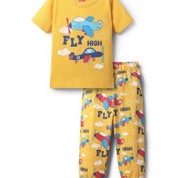Babyhug Cotton Knit Half Sleeves Night Suit With Aeroplane Print - Yellow-image-60