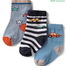 Cute Walk by Babyhug Knit Ankle Length Anti Bacterial Striped Socks with Car & Star Design Pack of 3 - Multicolor-image-6